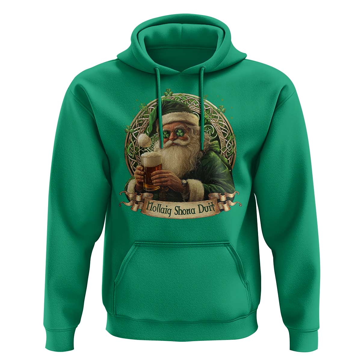 Irish Christmas Hoodie Nollaig Shona Duit Shamrock Santa Drinking Beer