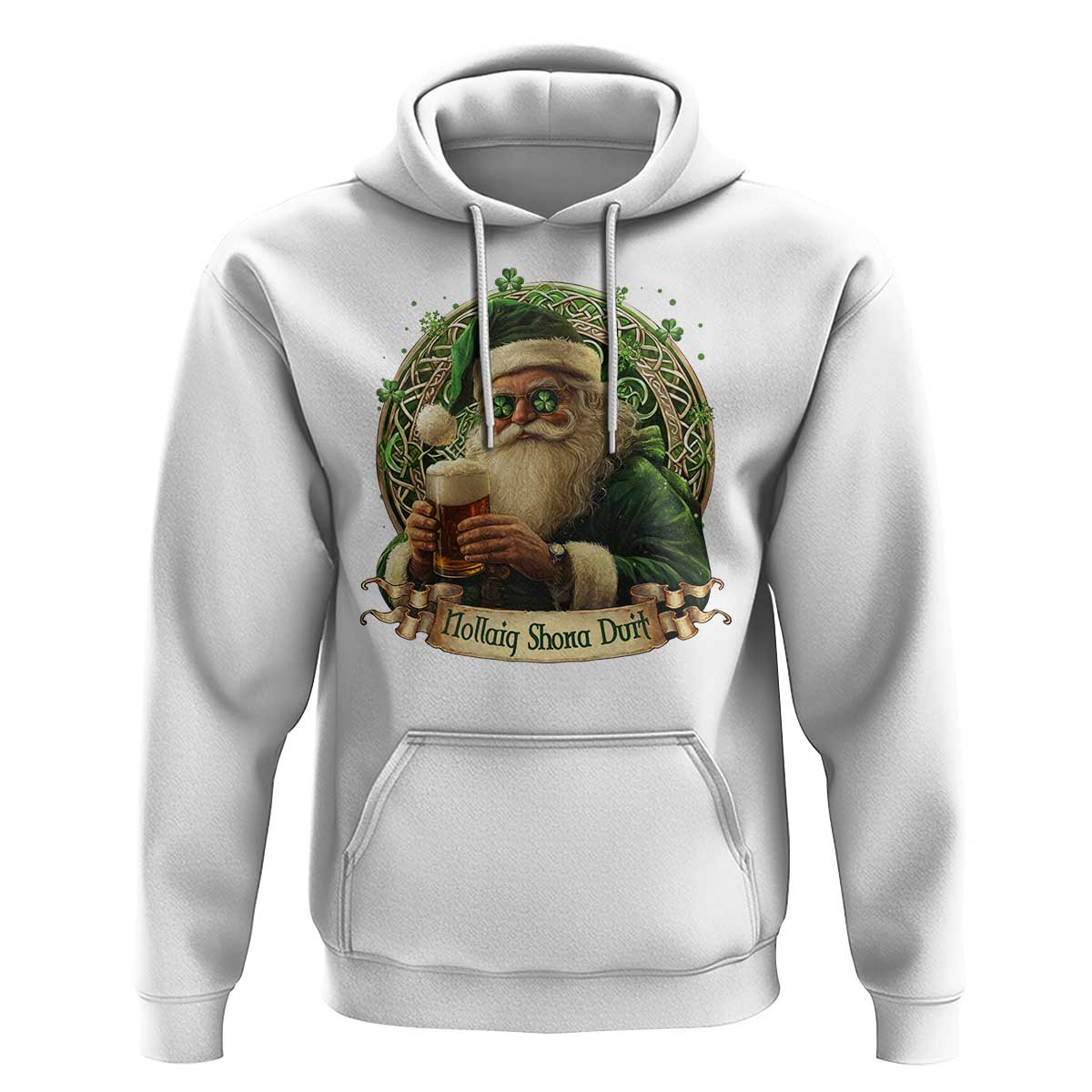Irish Christmas Hoodie Nollaig Shona Duit Shamrock Santa Drinking Beer