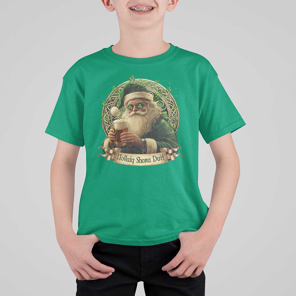 Irish Christmas T Shirt For Kid Nollaig Shona Duit Shamrock Santa Drinking Beer - Wonder Print Shop