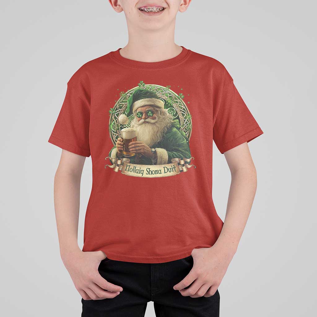 Irish Christmas T Shirt For Kid Nollaig Shona Duit Shamrock Santa Drinking Beer - Wonder Print Shop