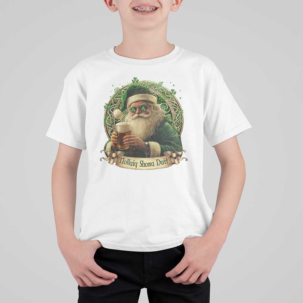 Irish Christmas T Shirt For Kid Nollaig Shona Duit Shamrock Santa Drinking Beer - Wonder Print Shop