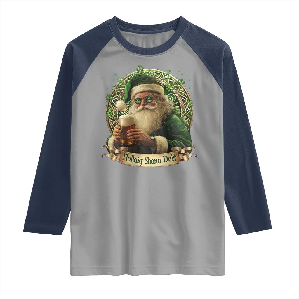 Irish Christmas Raglan Shirt Nollaig Shona Duit Shamrock Santa Drinking Beer