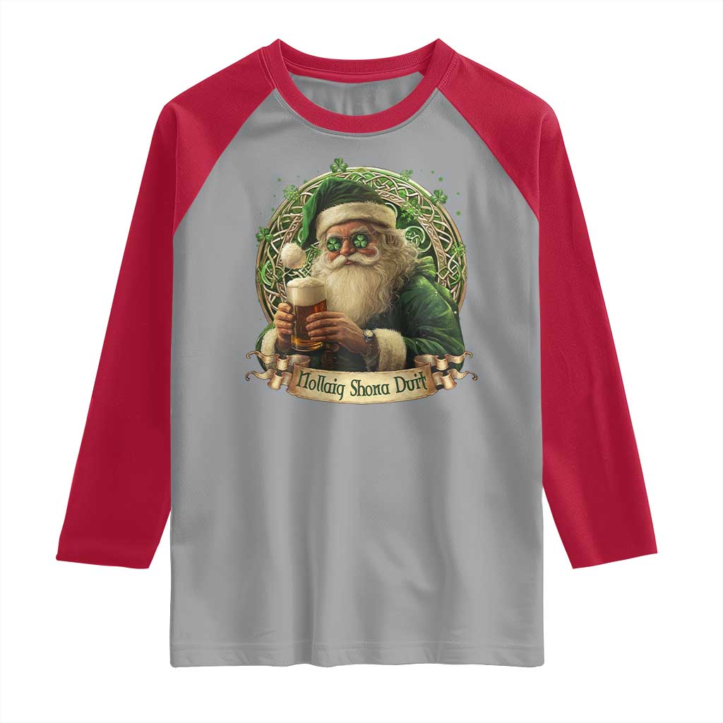 Irish Christmas Raglan Shirt Nollaig Shona Duit Shamrock Santa Drinking Beer