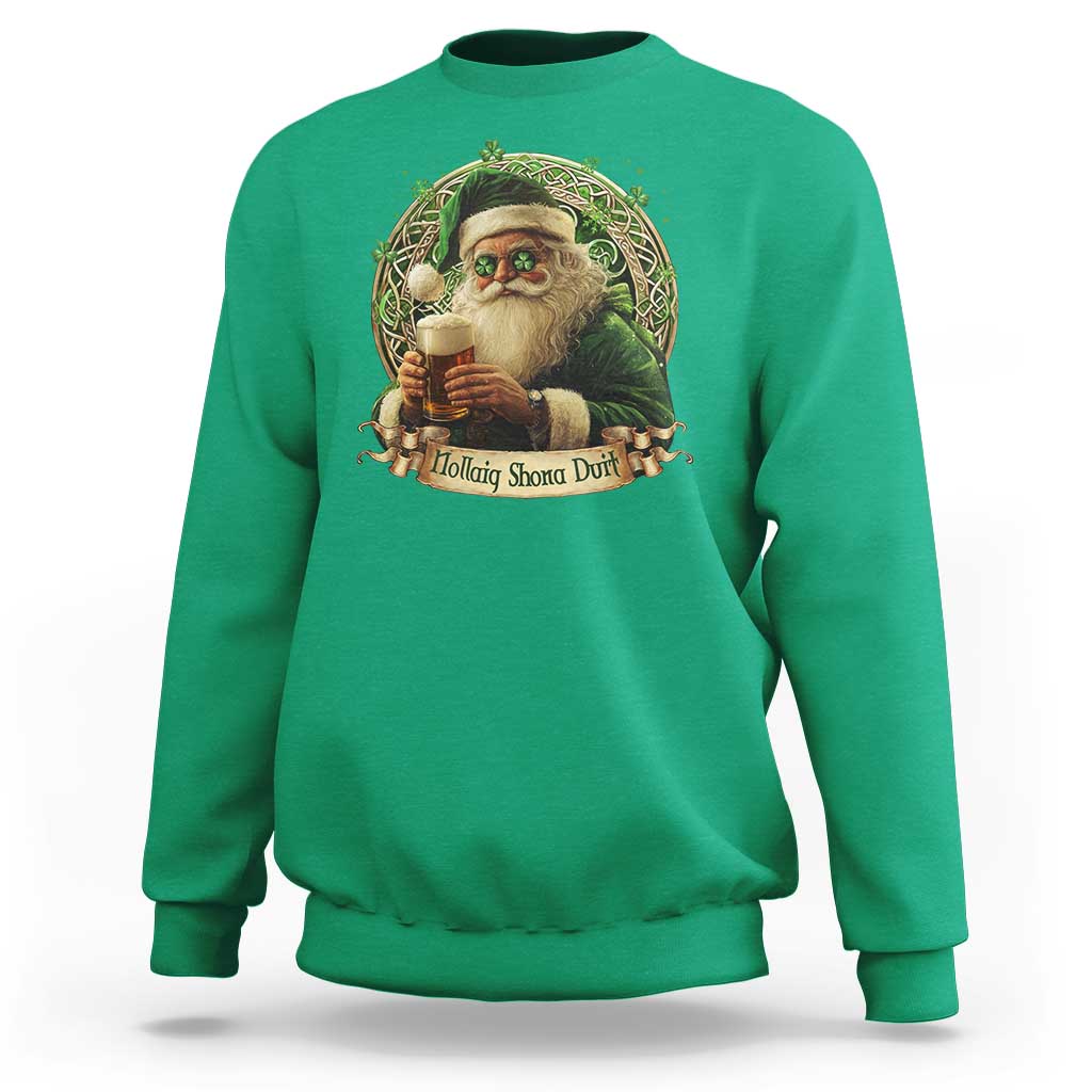 Irish Christmas Sweatshirt Nollaig Shona Duit Shamrock Santa Drinking Beer - Wonder Print Shop