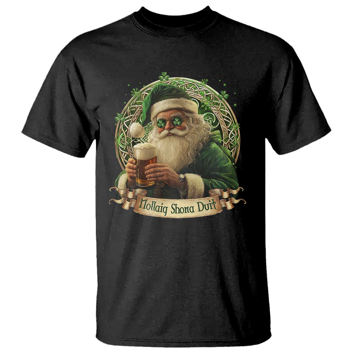 Irish Christmas T Shirt Nollaig Shona Duit Shamrock Santa Drinking Beer - Wonder Print Shop