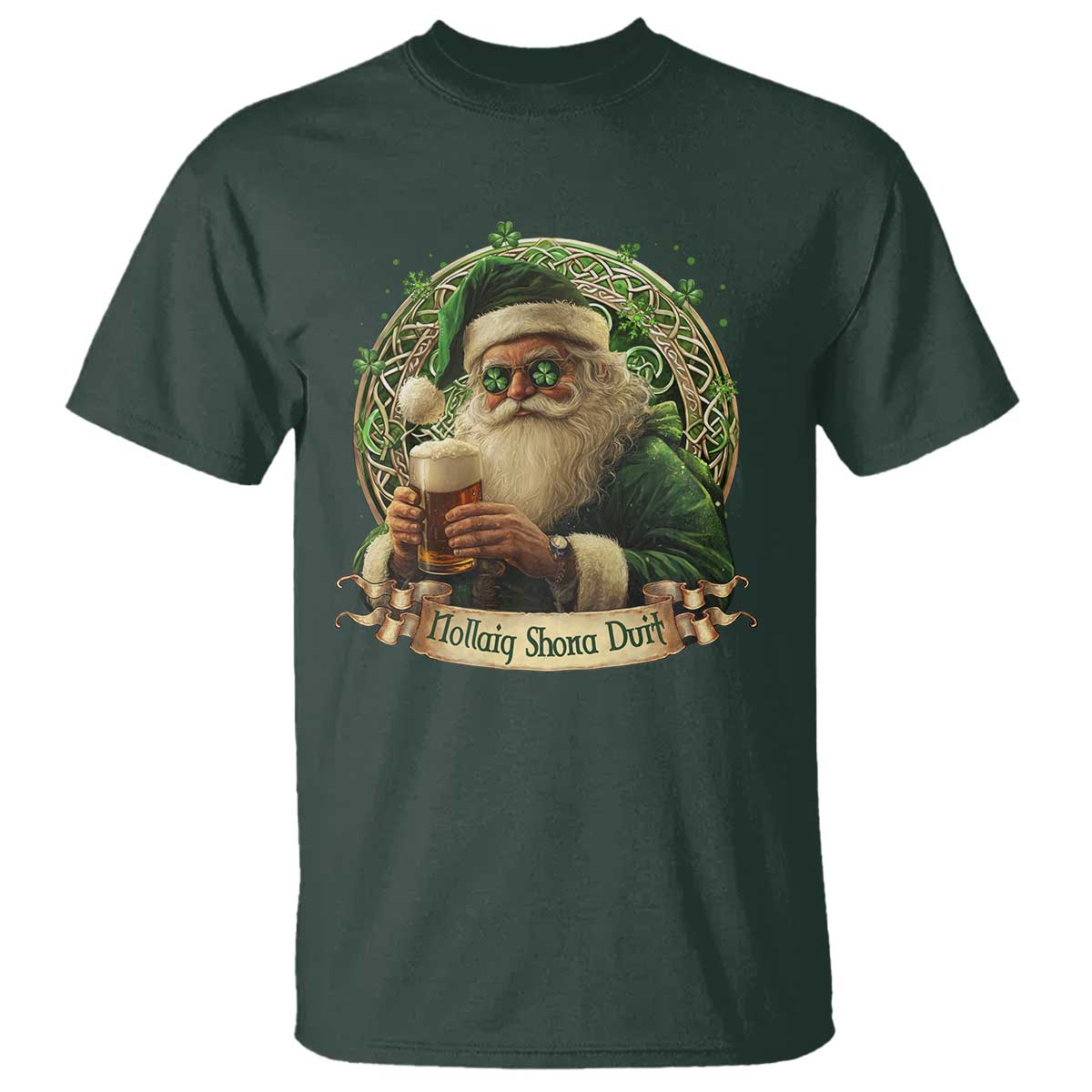 Irish Christmas T Shirt Nollaig Shona Duit Shamrock Santa Drinking Beer - Wonder Print Shop