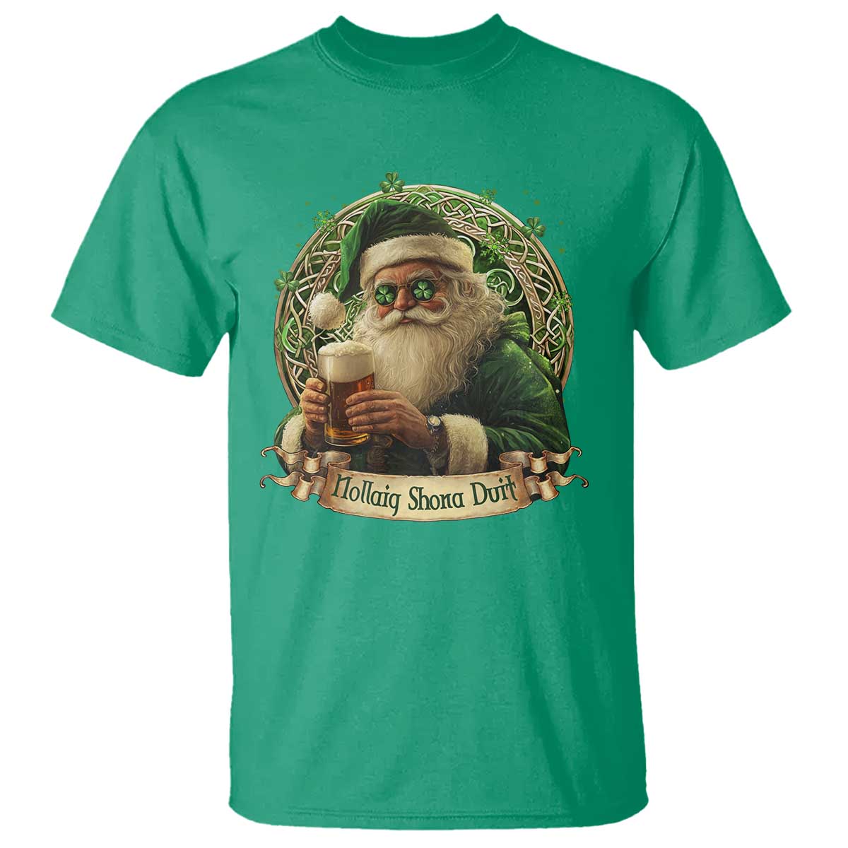 Irish Christmas T Shirt Nollaig Shona Duit Shamrock Santa Drinking Beer - Wonder Print Shop