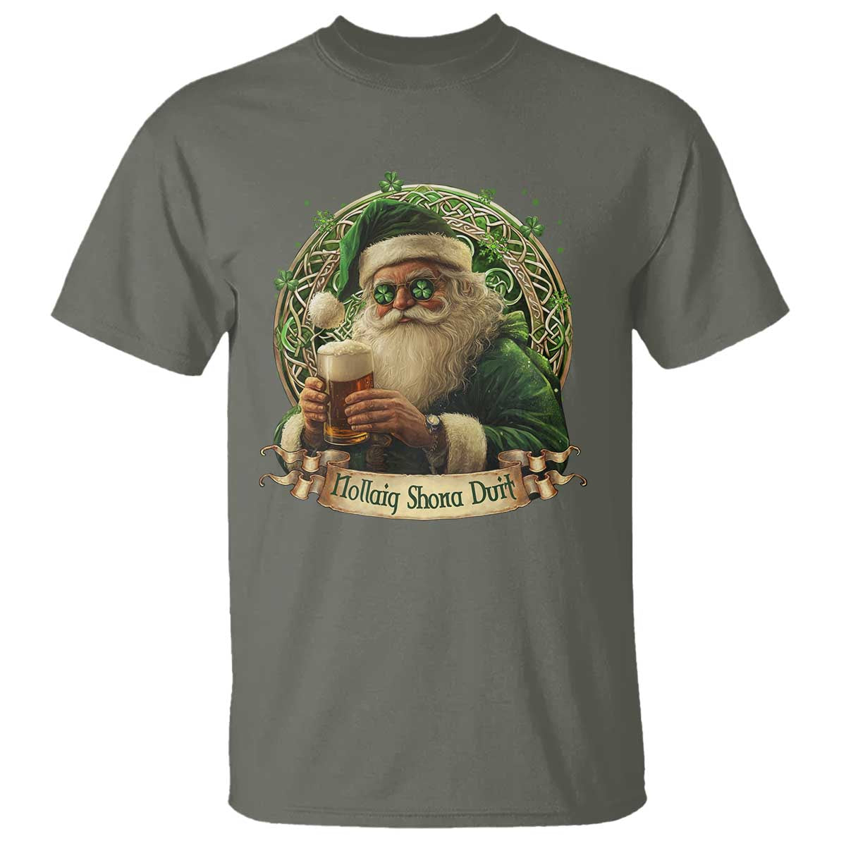 Irish Christmas T Shirt Nollaig Shona Duit Shamrock Santa Drinking Beer - Wonder Print Shop