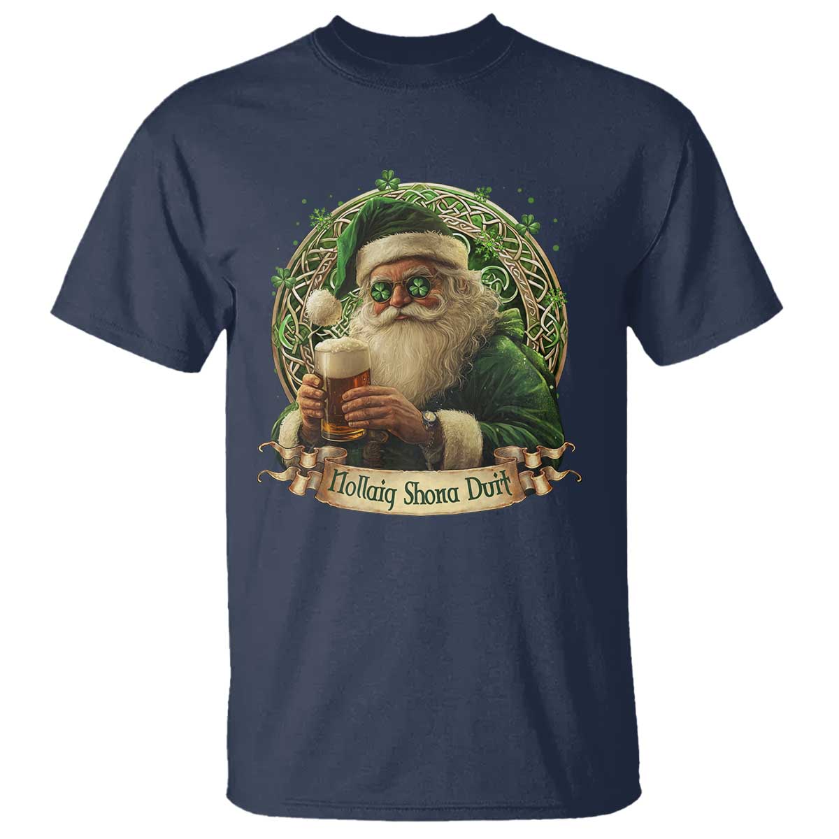 Irish Christmas T Shirt Nollaig Shona Duit Shamrock Santa Drinking Beer - Wonder Print Shop