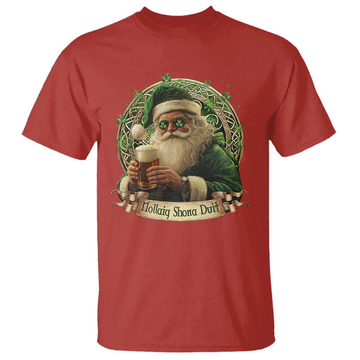 Irish Christmas T Shirt Nollaig Shona Duit Shamrock Santa Drinking Beer - Wonder Print Shop