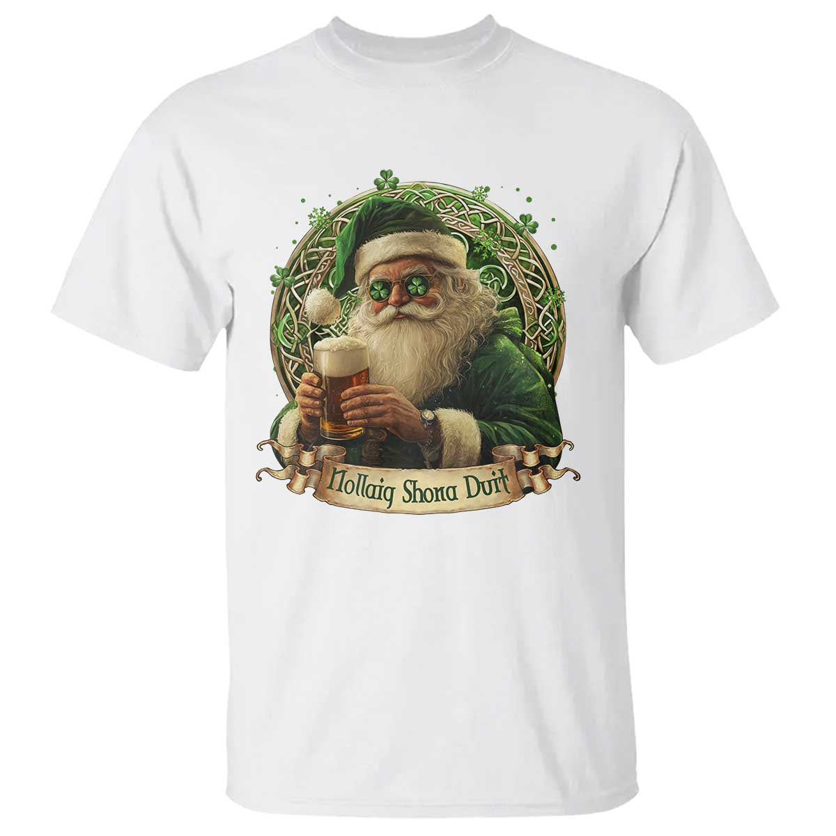 Irish Christmas T Shirt Nollaig Shona Duit Shamrock Santa Drinking Beer - Wonder Print Shop