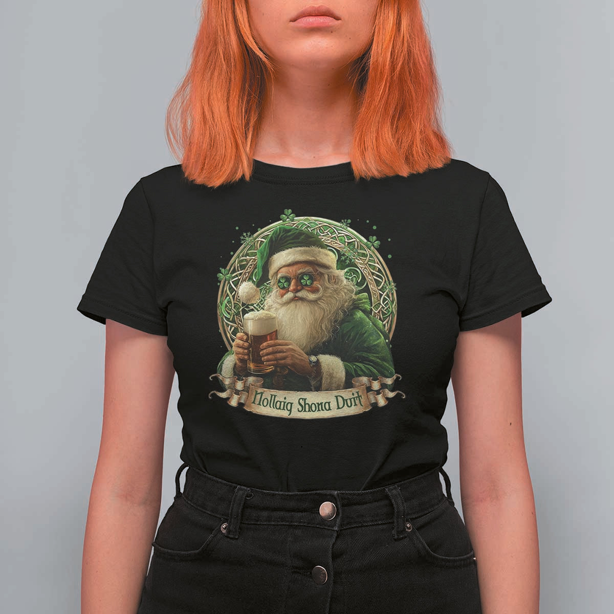 Irish Christmas T Shirt For Women Nollaig Shona Duit Shamrock Santa Drinking Beer - Wonder Print Shop