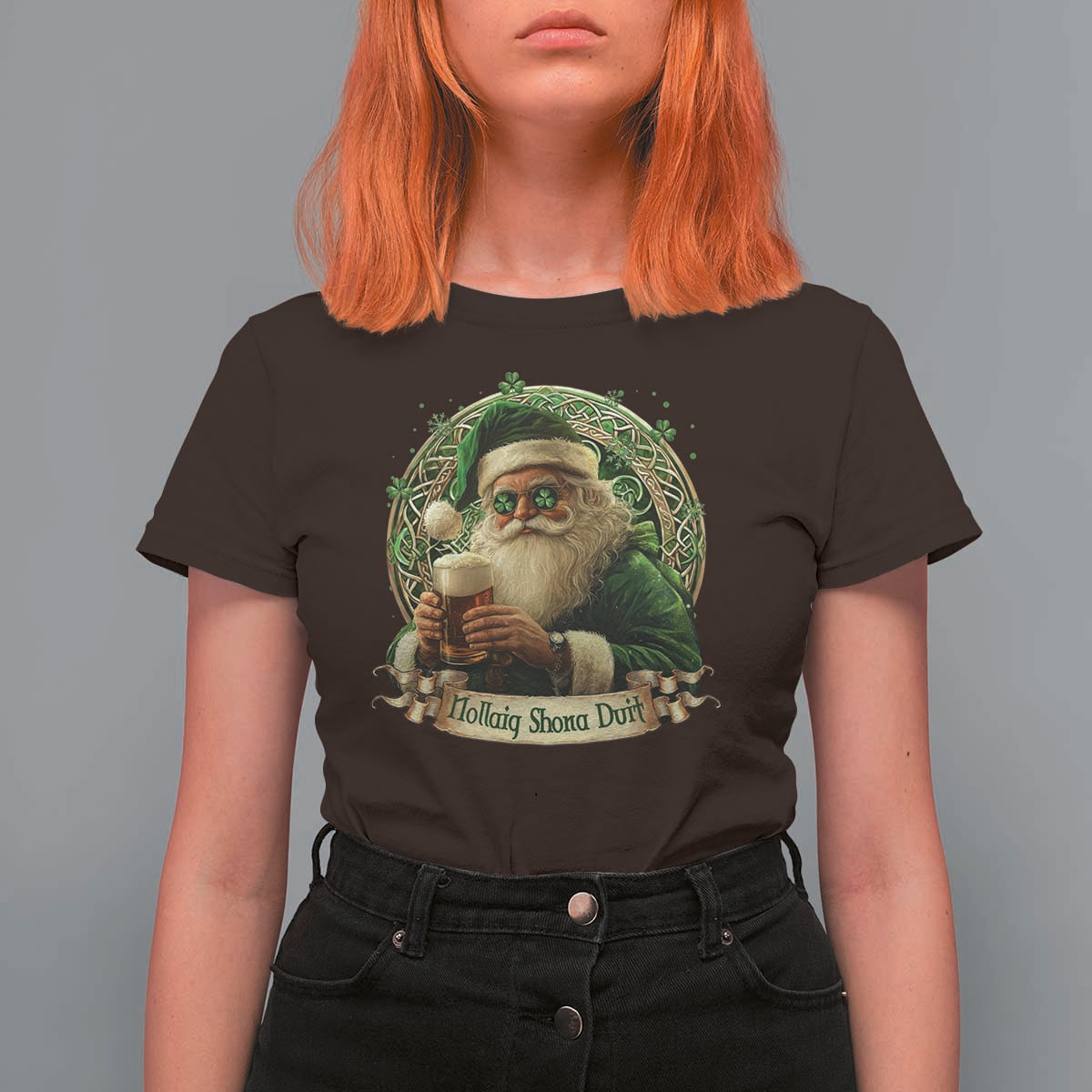 Irish Christmas T Shirt For Women Nollaig Shona Duit Shamrock Santa Drinking Beer - Wonder Print Shop
