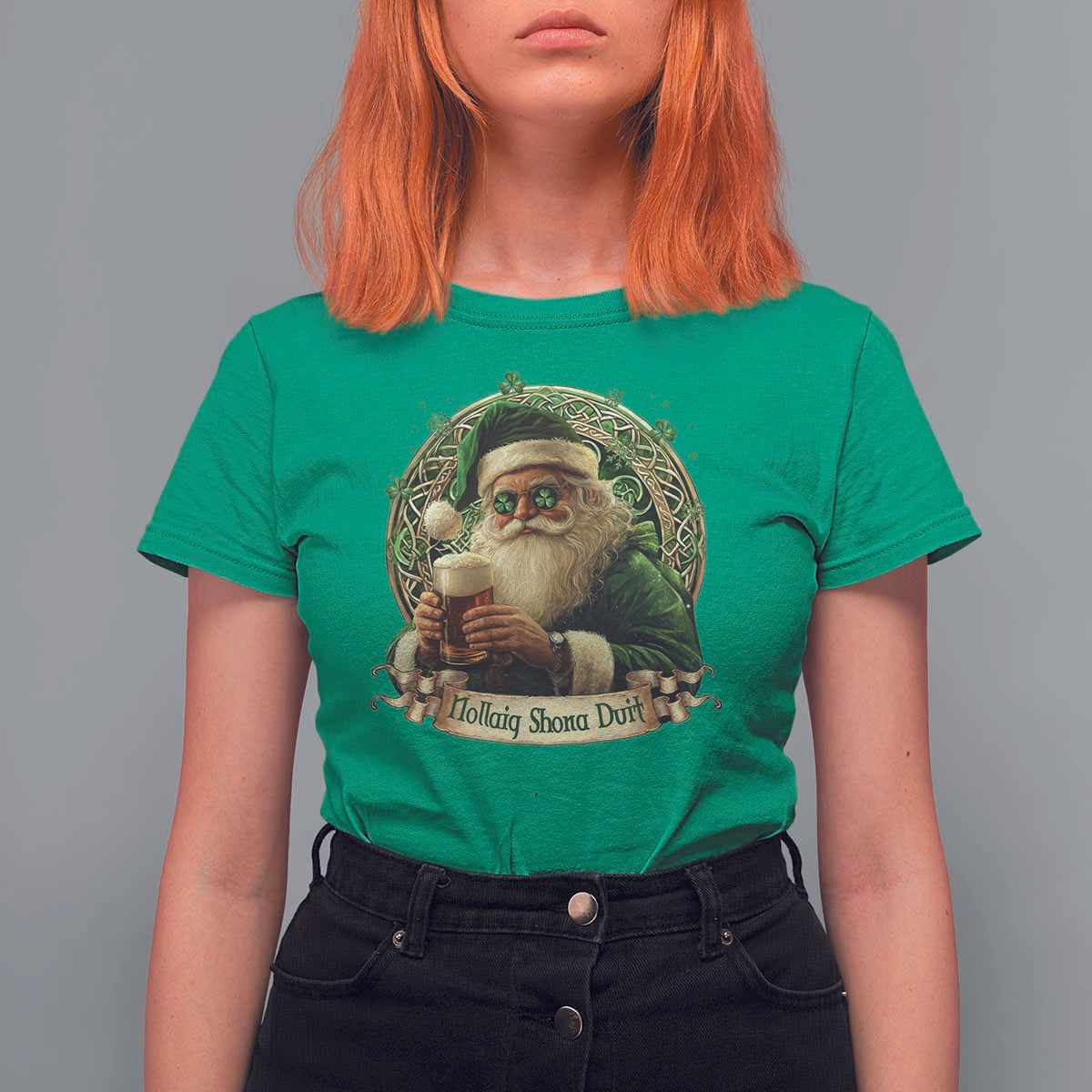 Irish Christmas T Shirt For Women Nollaig Shona Duit Shamrock Santa Drinking Beer - Wonder Print Shop