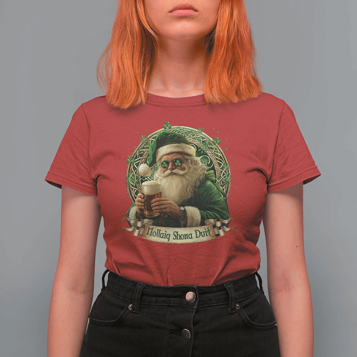 Irish Christmas T Shirt For Women Nollaig Shona Duit Shamrock Santa Drinking Beer - Wonder Print Shop