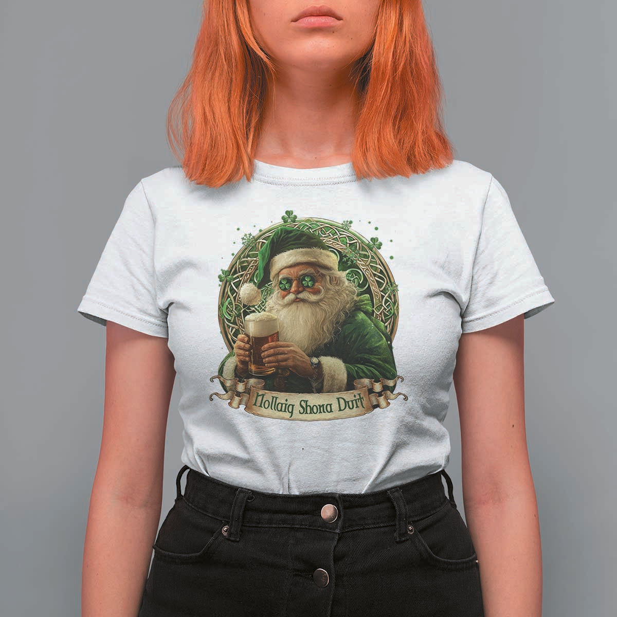 Irish Christmas T Shirt For Women Nollaig Shona Duit Shamrock Santa Drinking Beer - Wonder Print Shop