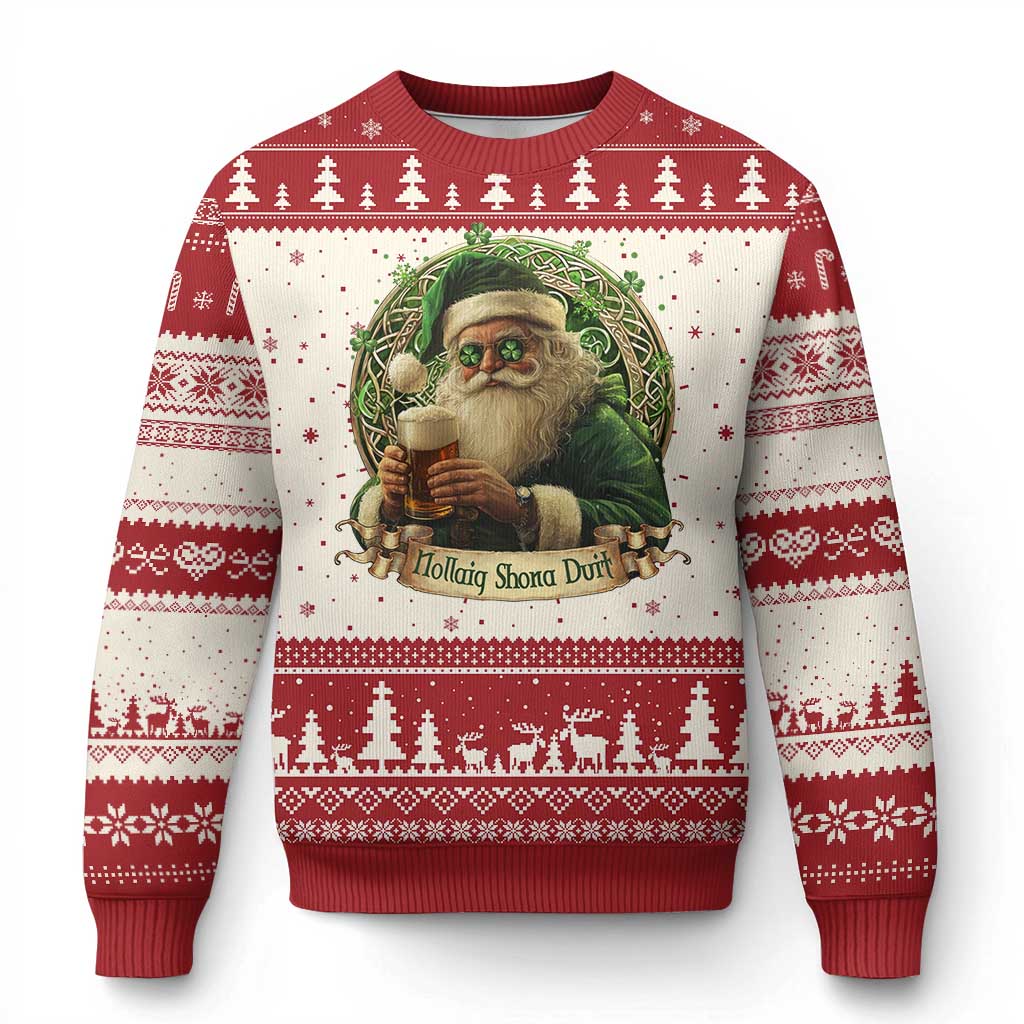 Irish Xmas Ugly Christmas Sweater Nollaig Shona Duit Shamrock Santa Drinking Beer - Wonder Print Shop