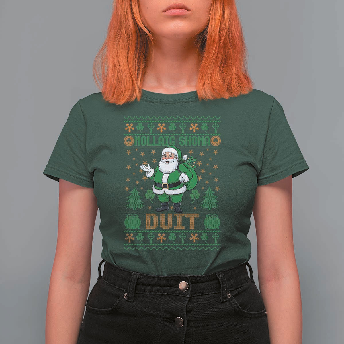 Irish Christmas T Shirt For Women Nollaig Shona Duit Shamrock Santa Lucky For Everyone - Wonder Print Shop