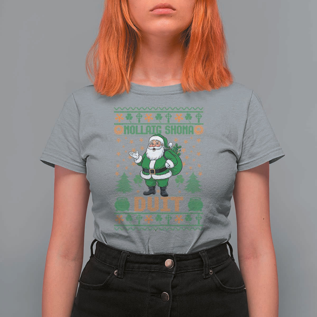Irish Christmas T Shirt For Women Nollaig Shona Duit Shamrock Santa Lucky For Everyone - Wonder Print Shop