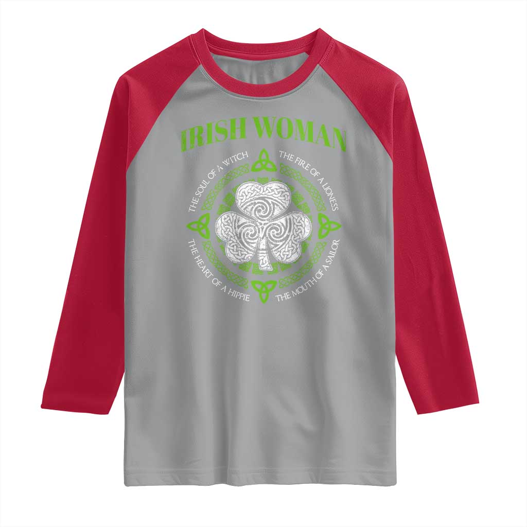 Irish Woman Pride Raglan Shirt The Soul of A Witch Celtic Shamrock Feminist