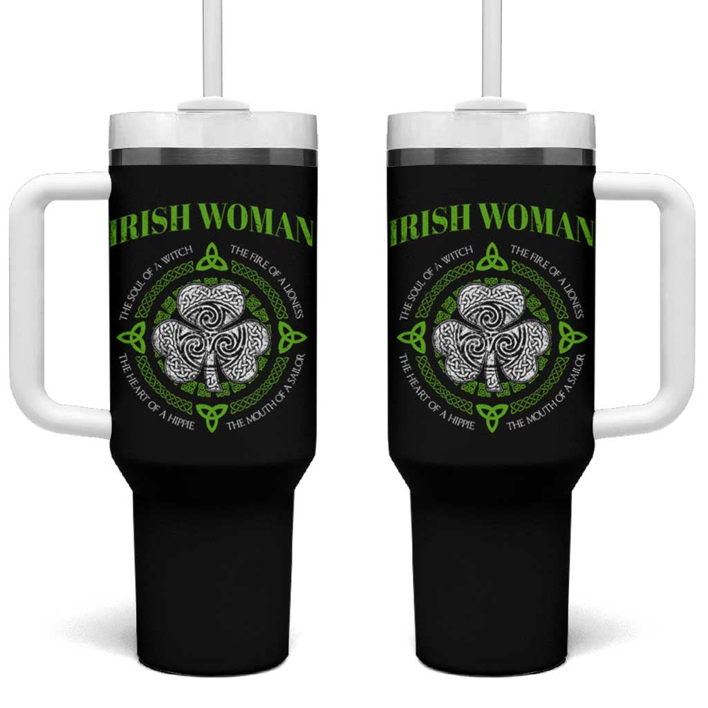 Irish Woman Pride Tumbler With Handle The Soul of A Witch Celtic Shamrock Feminist