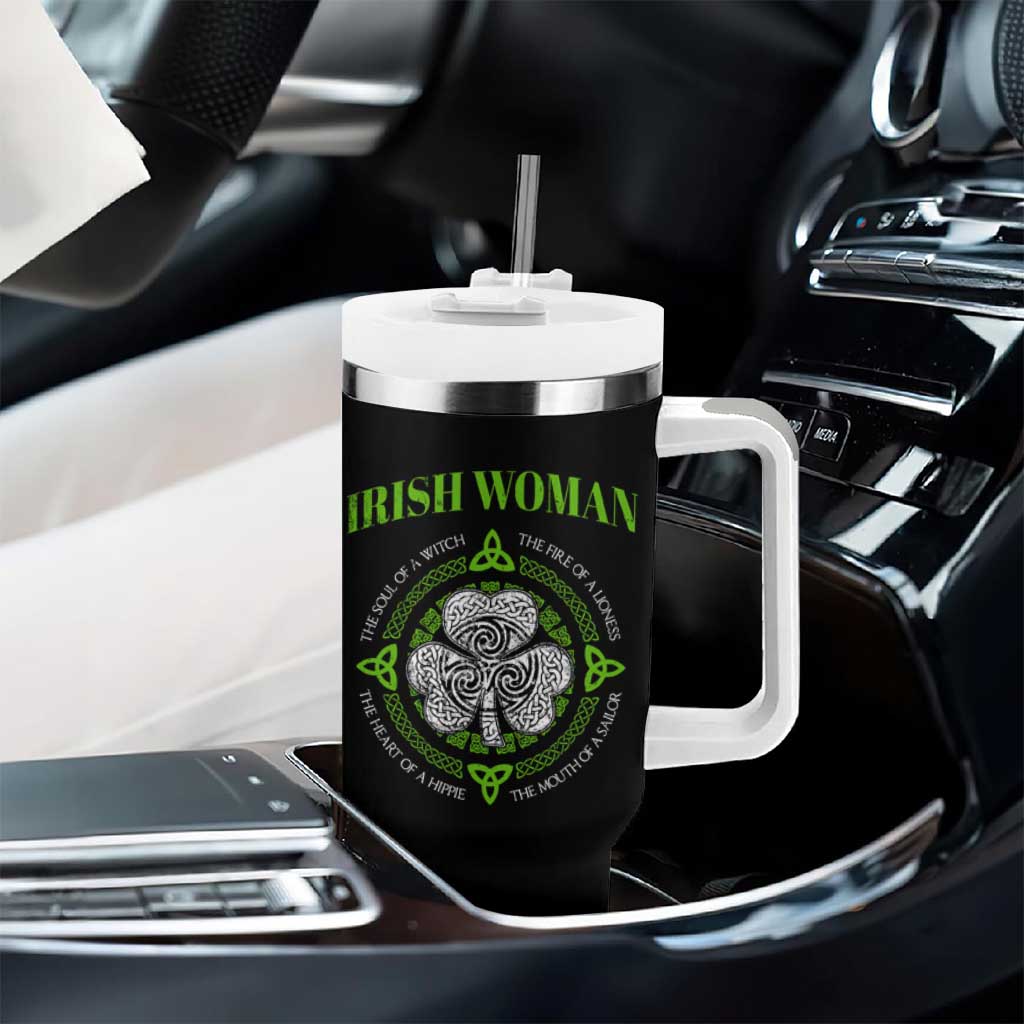 Irish Woman Pride Tumbler With Handle The Soul of A Witch Celtic Shamrock Feminist