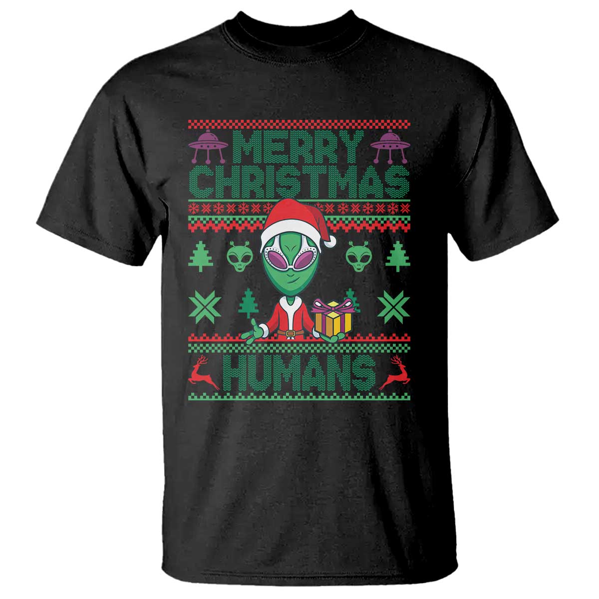 Funny Xmas Alien Santa T Shirt Merry Christmas Humans UFO Outer Space - Wonder Print Shop