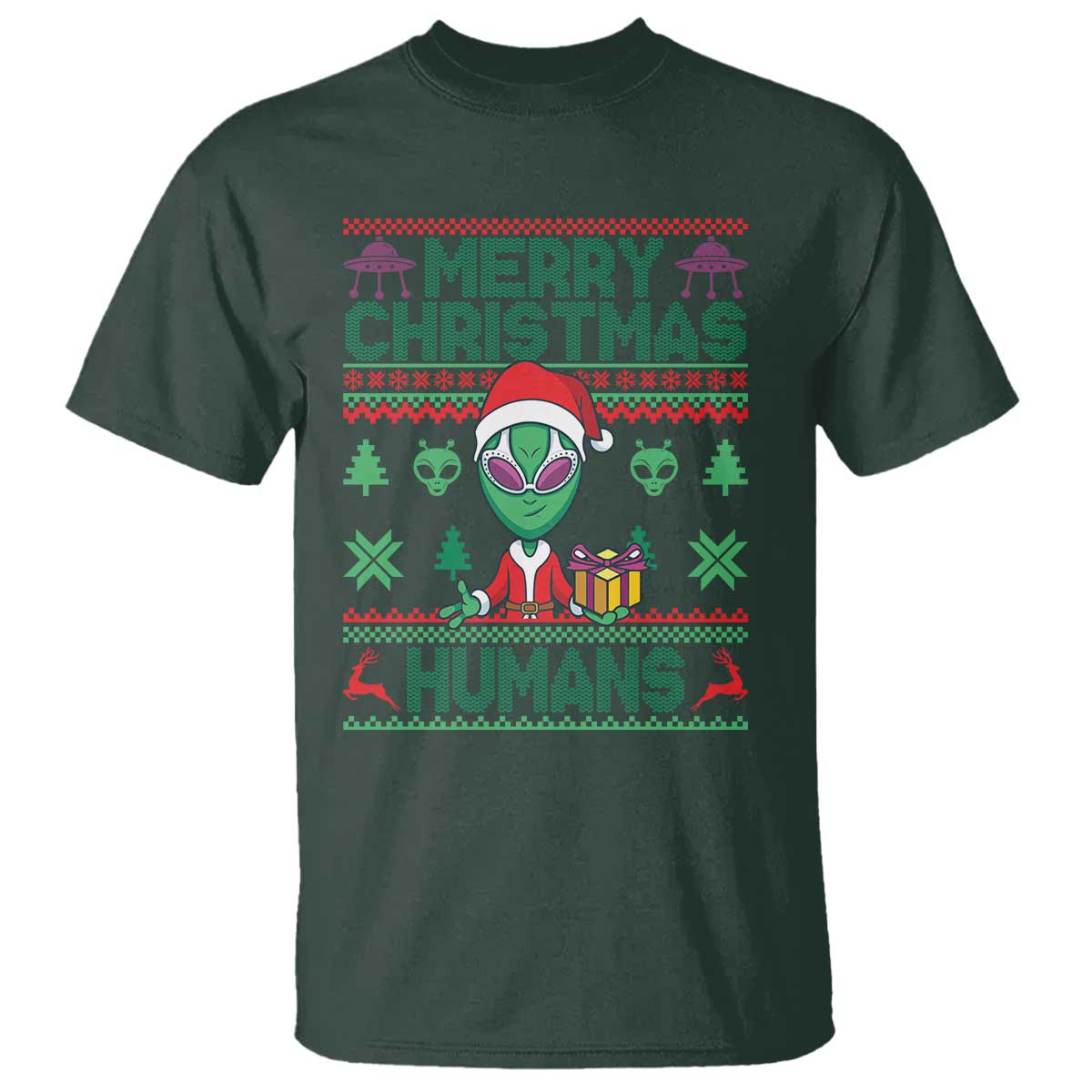 Funny Xmas Alien Santa T Shirt Merry Christmas Humans UFO Outer Space - Wonder Print Shop