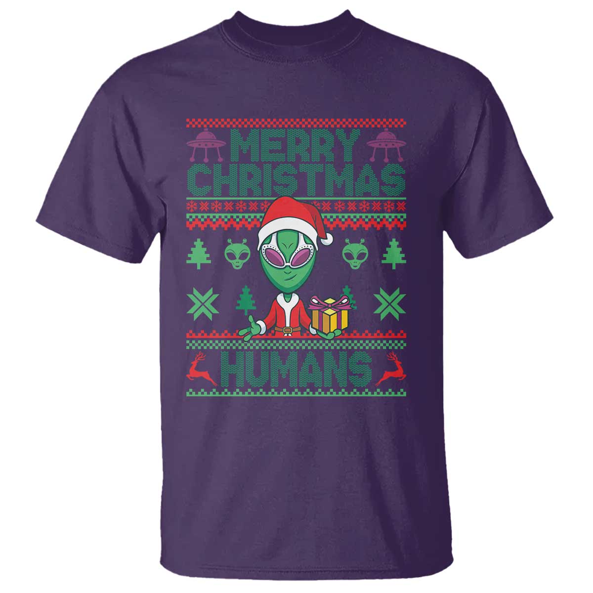 Funny Xmas Alien Santa T Shirt Merry Christmas Humans UFO Outer Space - Wonder Print Shop