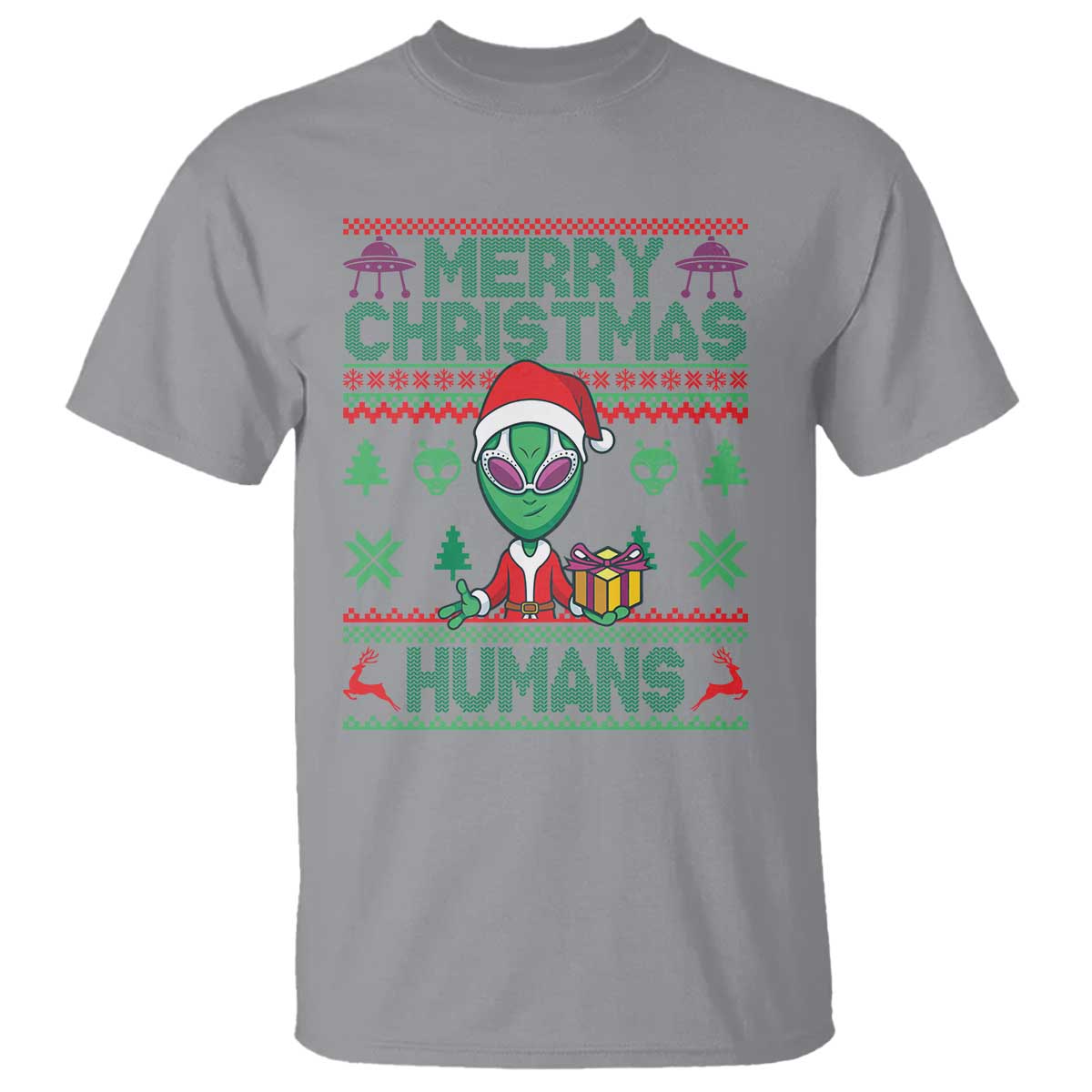 Funny Xmas Alien Santa T Shirt Merry Christmas Humans UFO Outer Space - Wonder Print Shop
