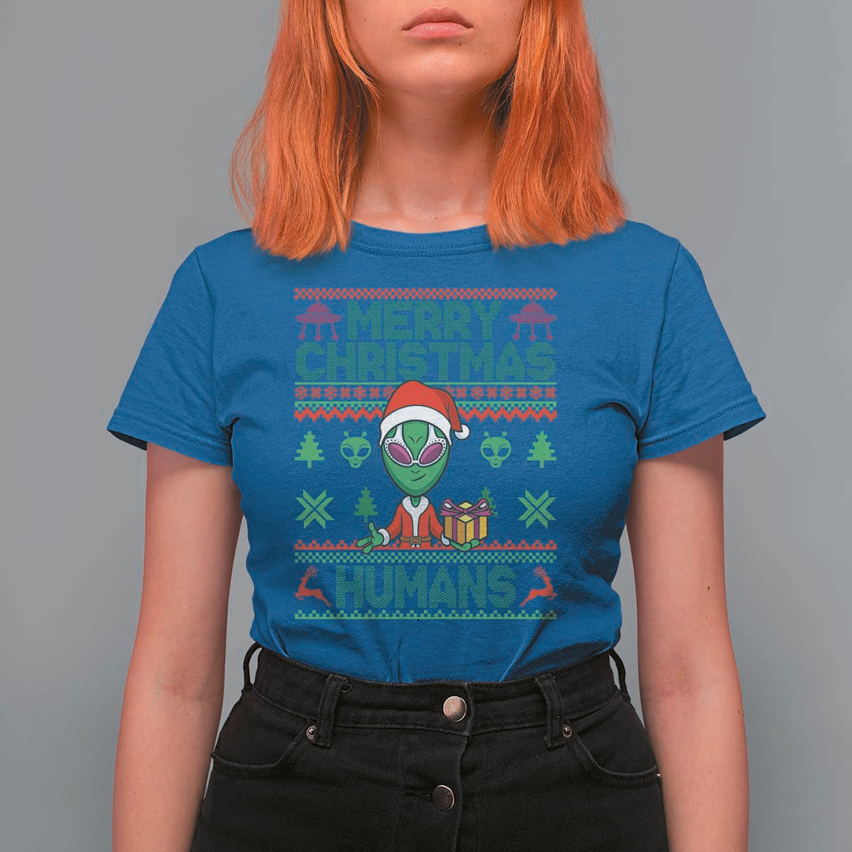 Funny Xmas Alien Santa T Shirt For Women Merry Christmas Humans UFO Outer Space - Wonder Print Shop