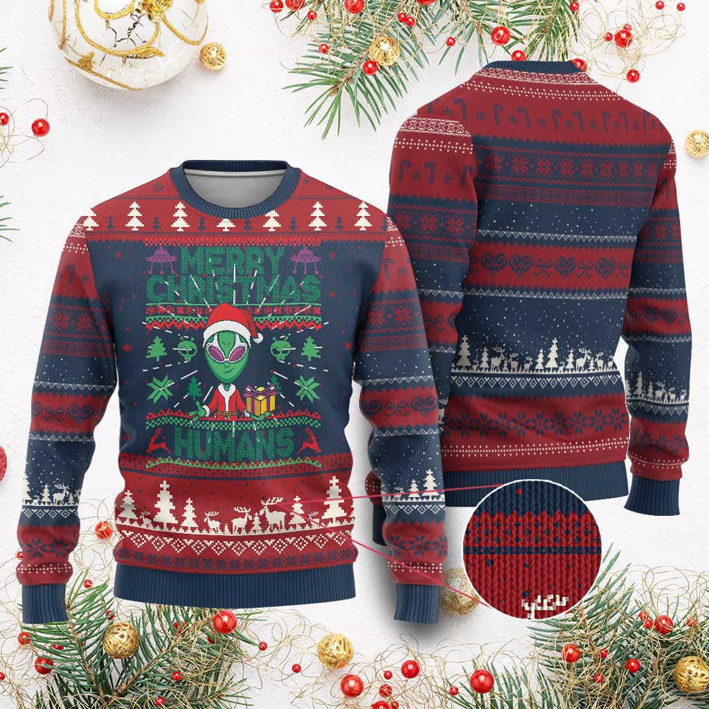 Funny Xmas Alien Santa Ugly Christmas Sweater Merry Christmas Humans UFO Outer Space - Wonder Print Shop