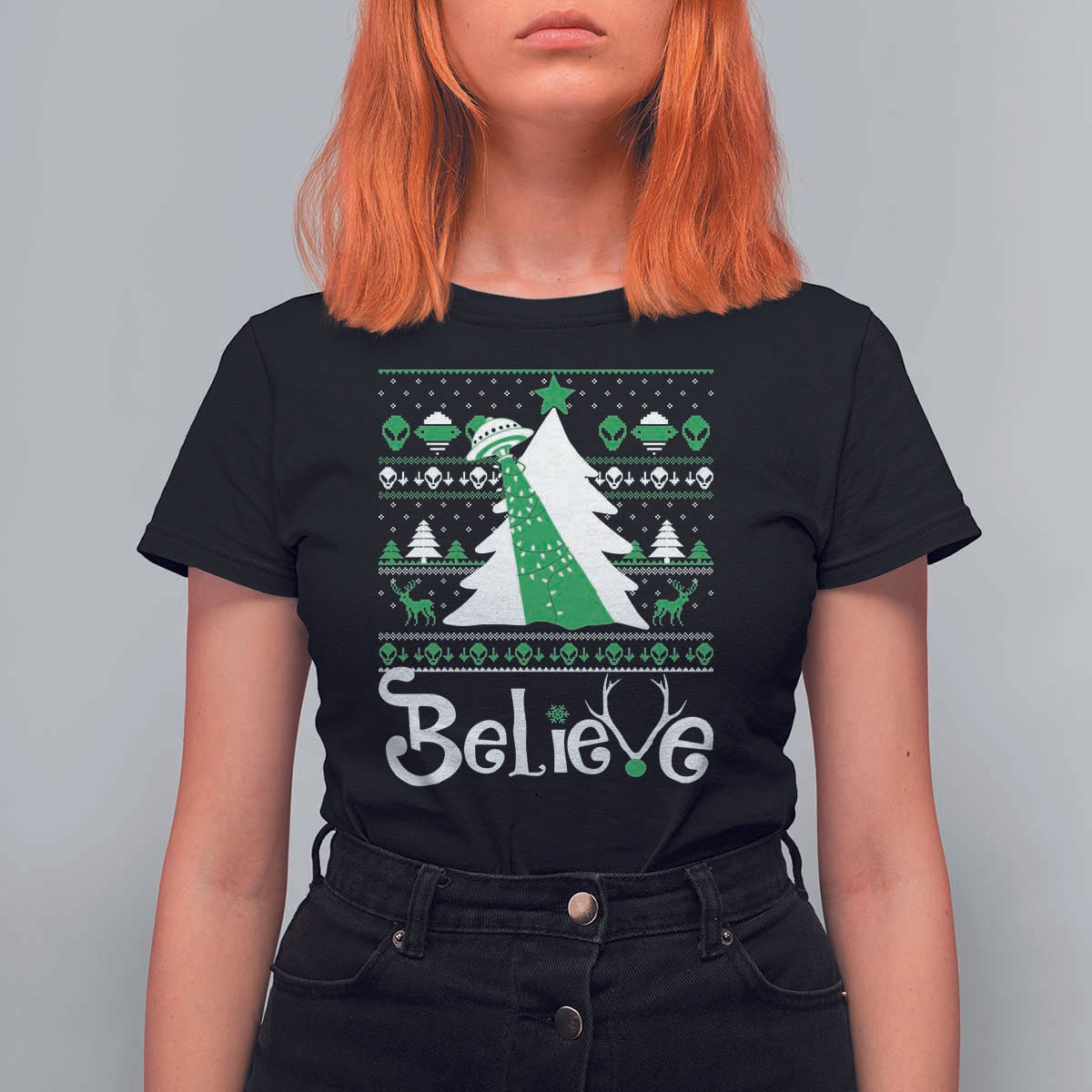 Funny Xmas UFO Believe T Shirt For Women - Wonder Print Shop