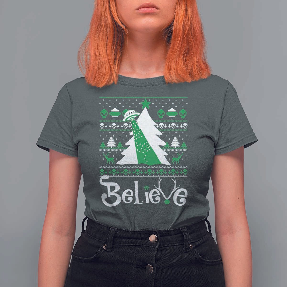 Funny Xmas UFO Believe T Shirt For Women - Wonder Print Shop