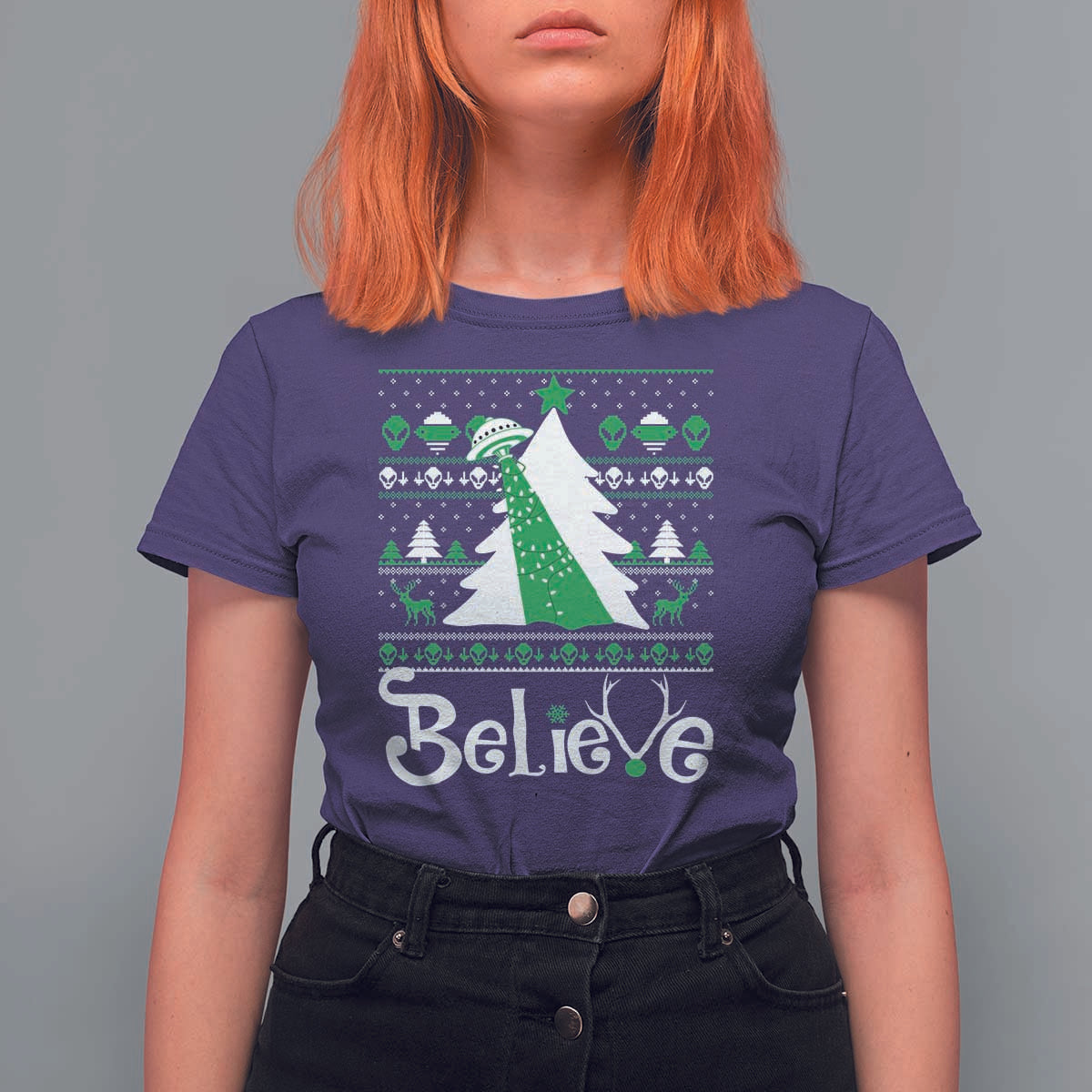 Funny Xmas UFO Believe T Shirt For Women - Wonder Print Shop