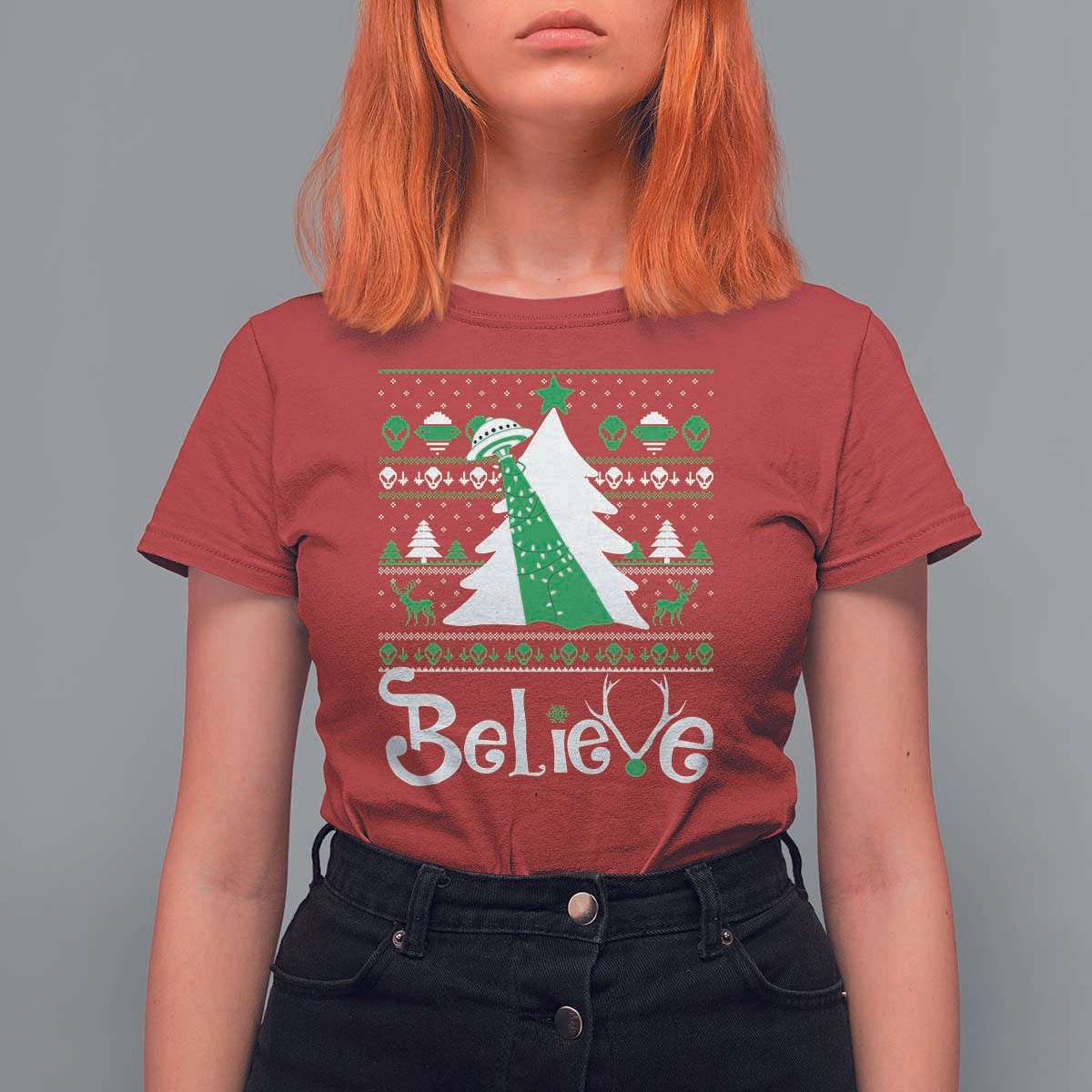 Funny Xmas UFO Believe T Shirt For Women - Wonder Print Shop