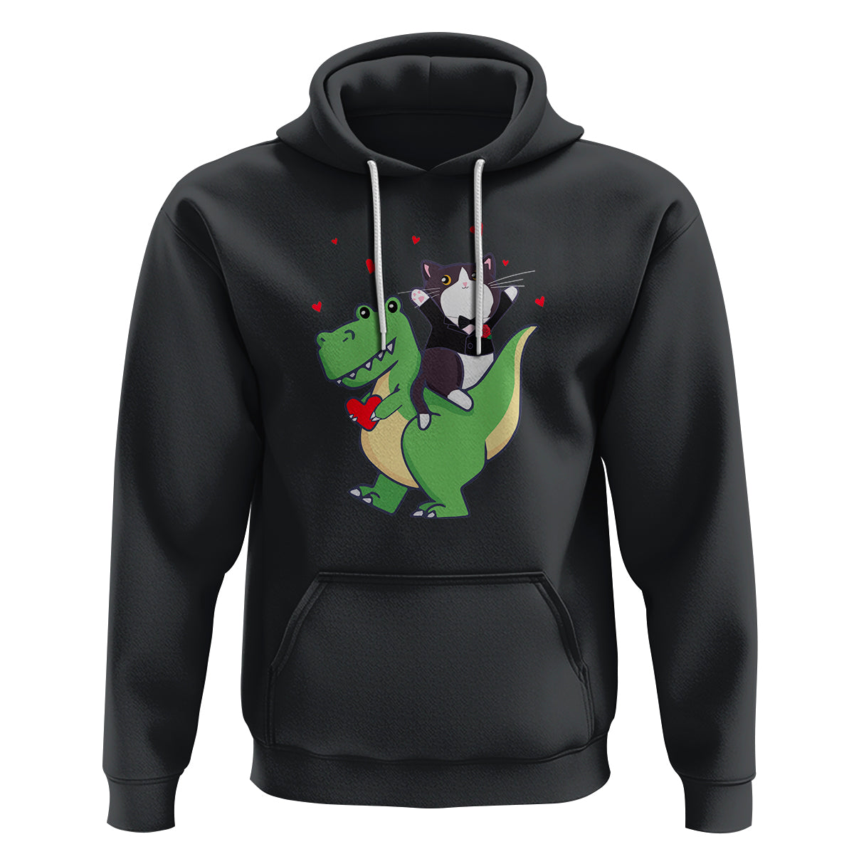 Valentine's Day Hoodie Cat Riding Dinosaur Cool Tuxedo On Suit And Take Rose - Wonder Print Shop