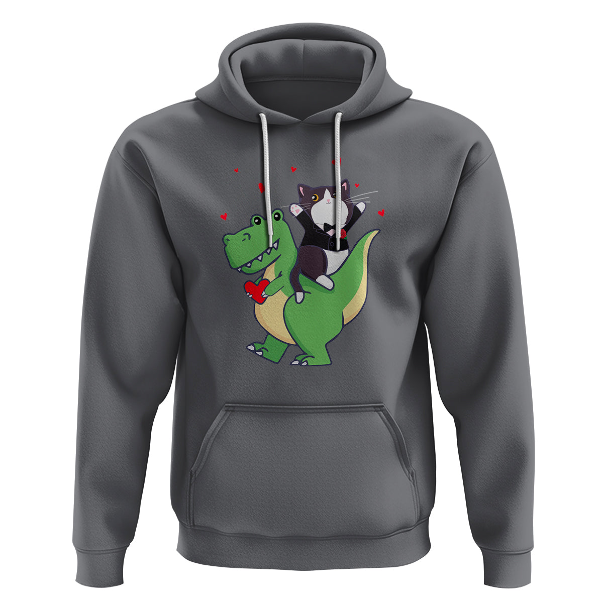 Valentine's Day Hoodie Cat Riding Dinosaur Cool Tuxedo On Suit And Take Rose - Wonder Print Shop