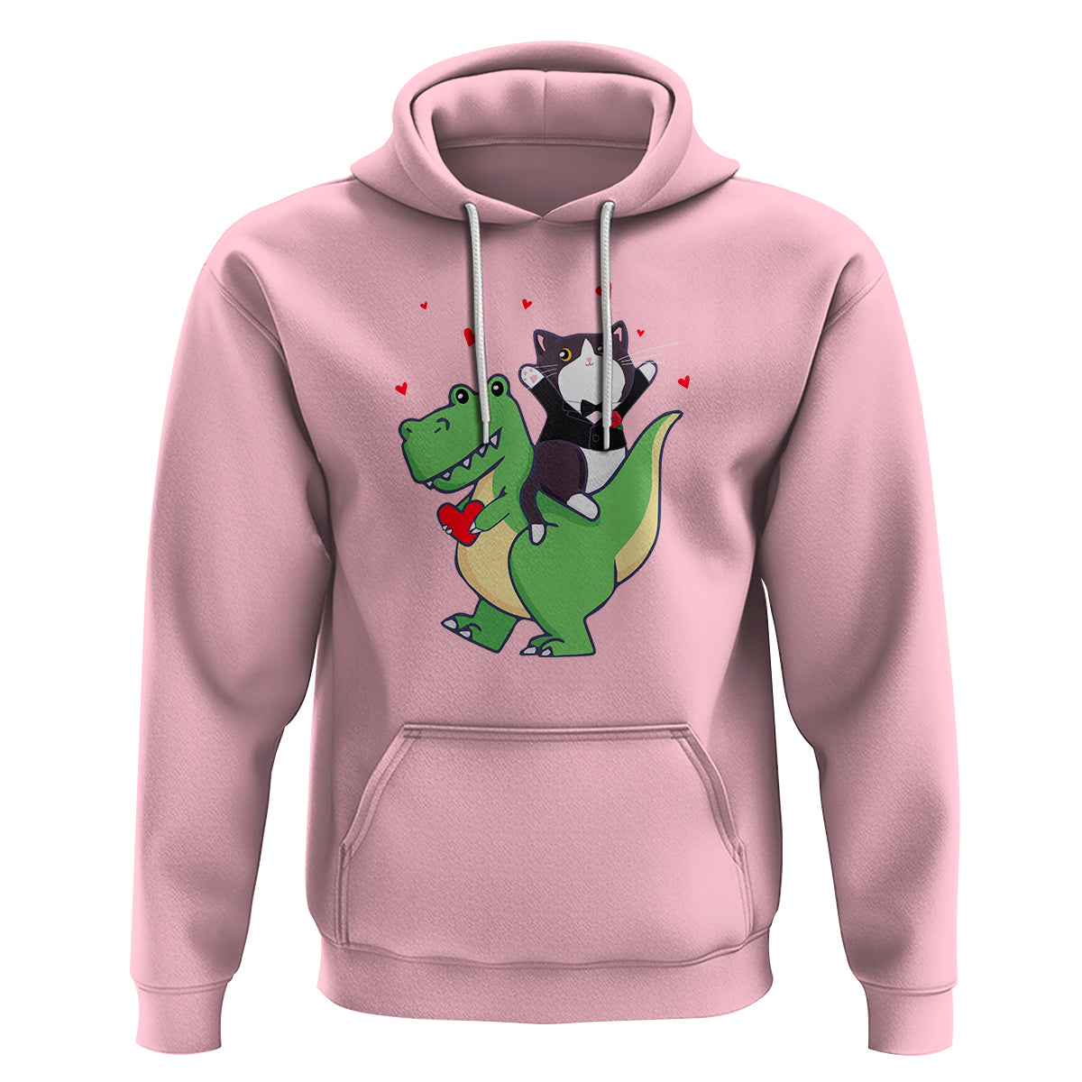 Valentine's Day Hoodie Cat Riding Dinosaur Cool Tuxedo On Suit And Take Rose - Wonder Print Shop