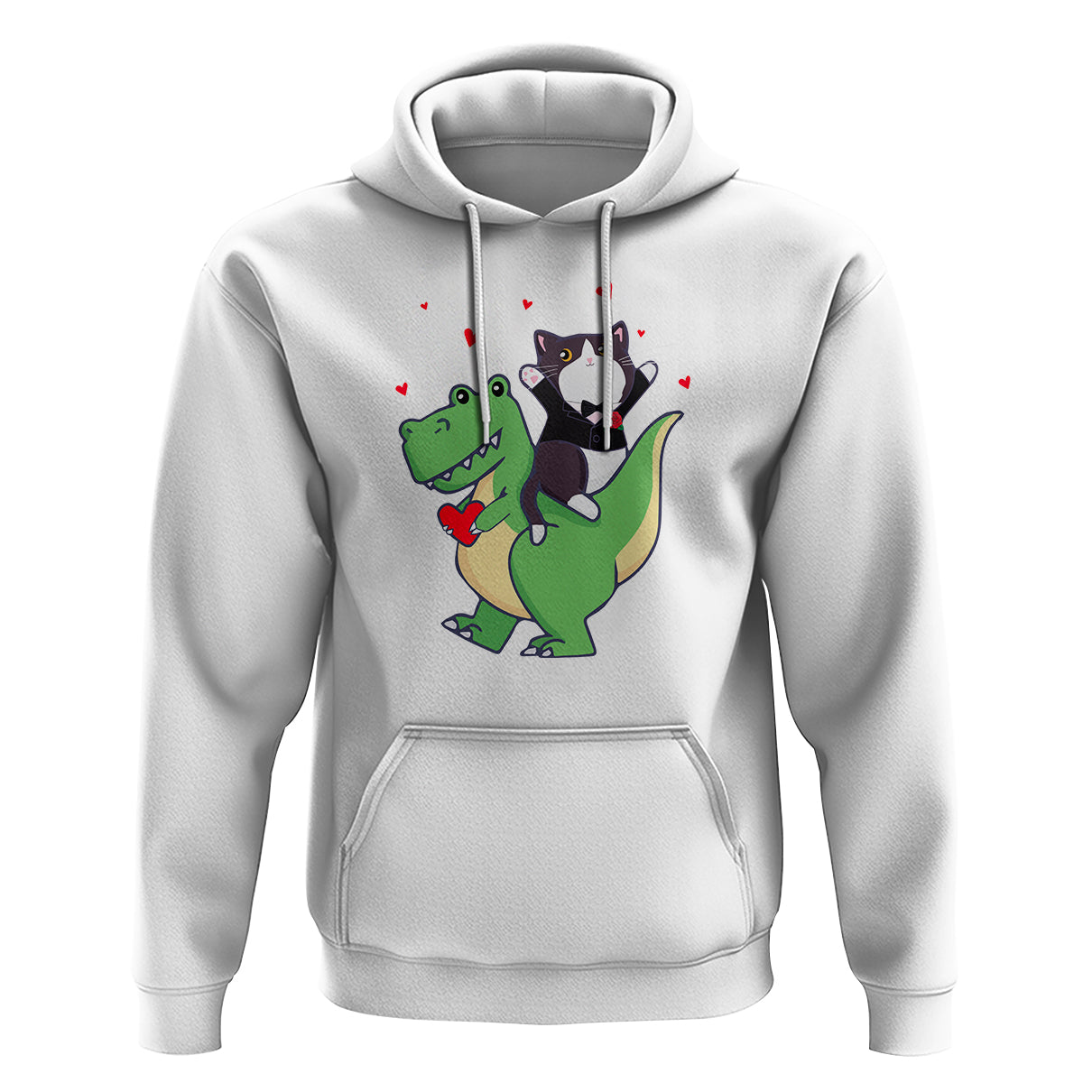Valentine's Day Hoodie Cat Riding Dinosaur Cool Tuxedo On Suit And Take Rose - Wonder Print Shop