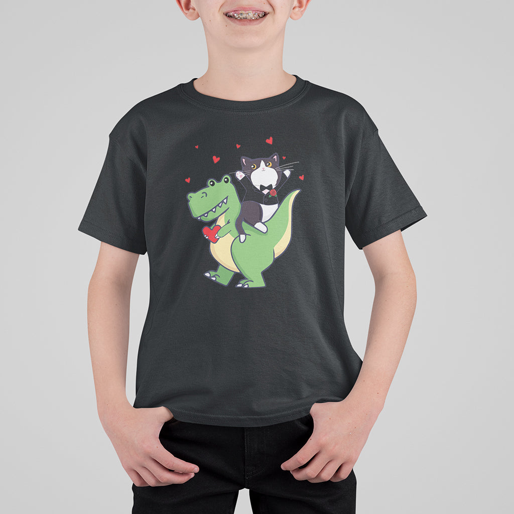 Valentine's Day T Shirt For Kid Cat Riding Dinosaur Cool Tuxedo On Suit And Take Rose - Wonder Print Shop