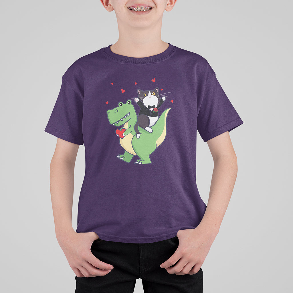 Valentine's Day T Shirt For Kid Cat Riding Dinosaur Cool Tuxedo On Suit And Take Rose - Wonder Print Shop