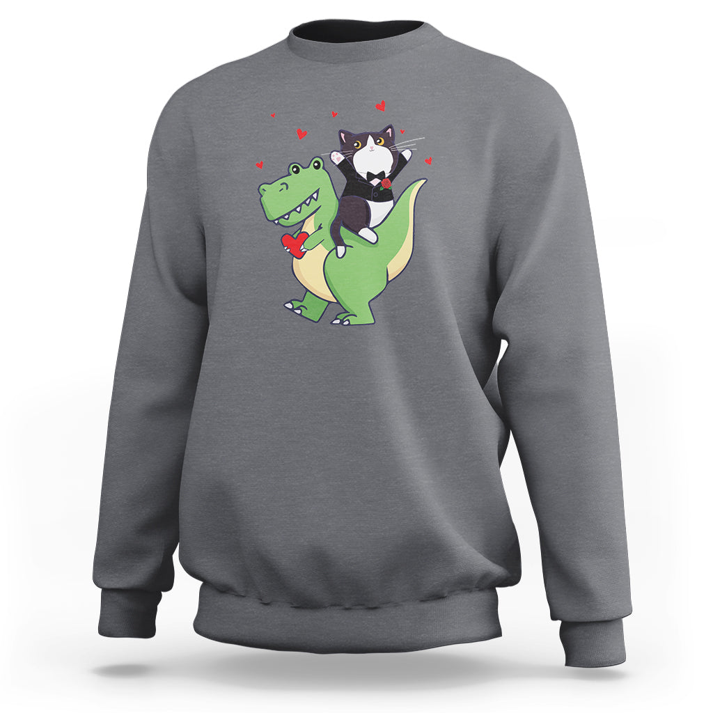 Valentine's Day Sweatshirt Cat Riding Dinosaur Cool Tuxedo On Suit And Take Rose - Wonder Print Shop