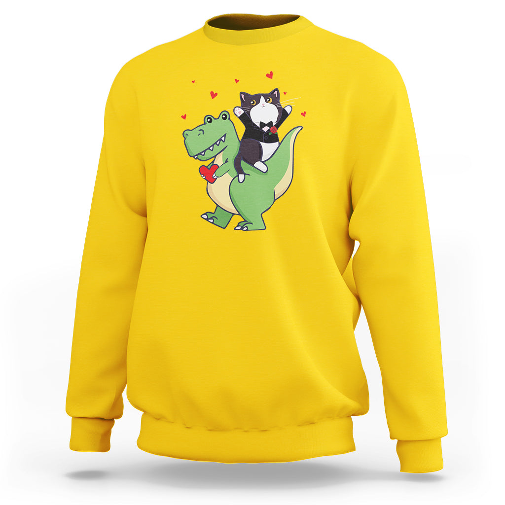 Valentine's Day Sweatshirt Cat Riding Dinosaur Cool Tuxedo On Suit And Take Rose - Wonder Print Shop