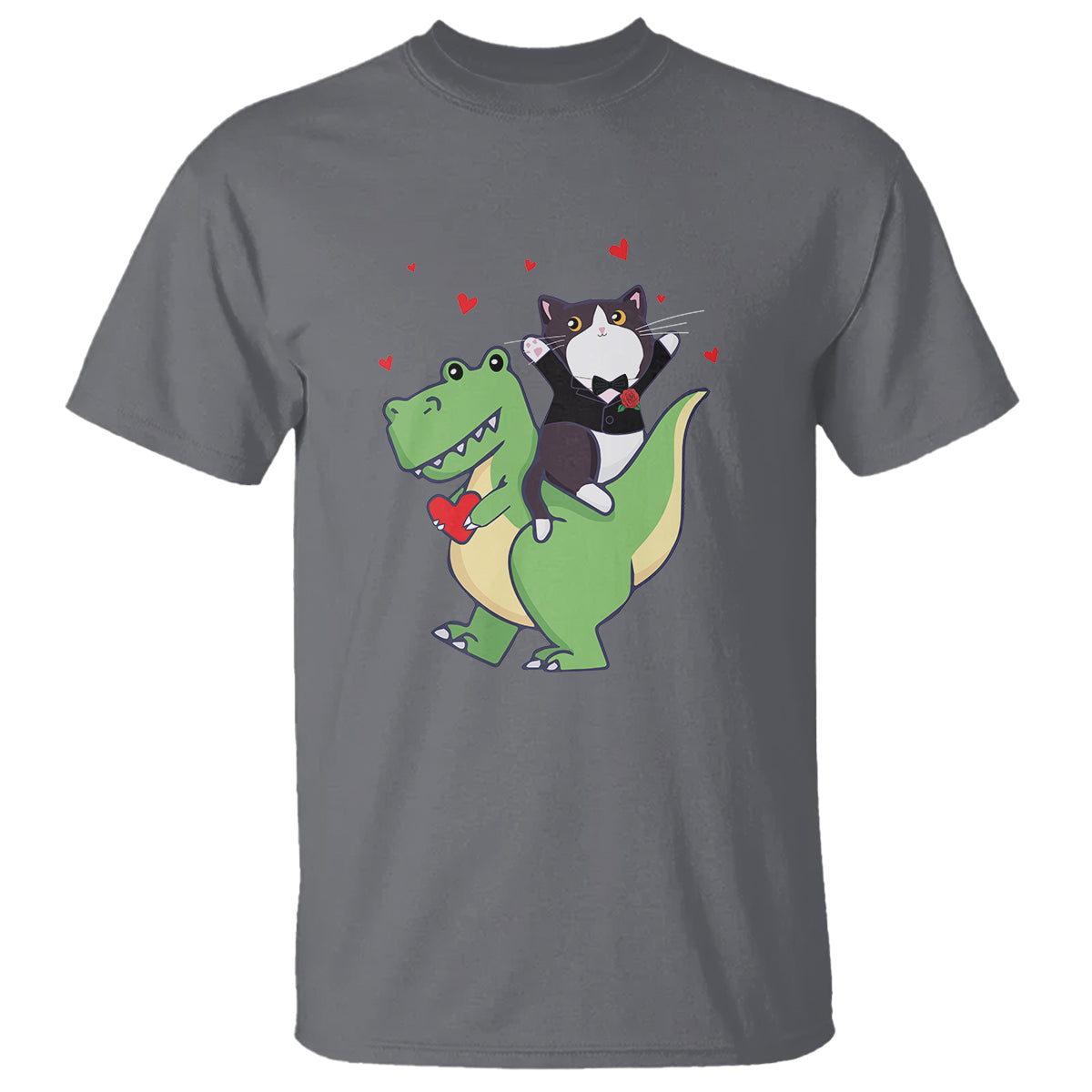 Valentine's Day T Shirt Cat Riding Dinosaur Cool Tuxedo On Suit And Take Rose - Wonder Print Shop
