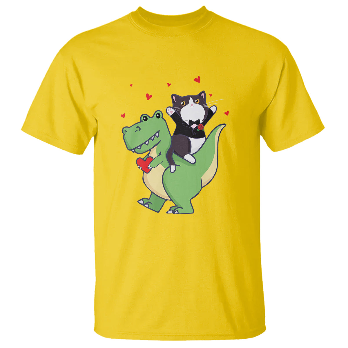 Valentine's Day T Shirt Cat Riding Dinosaur Cool Tuxedo On Suit And Take Rose - Wonder Print Shop