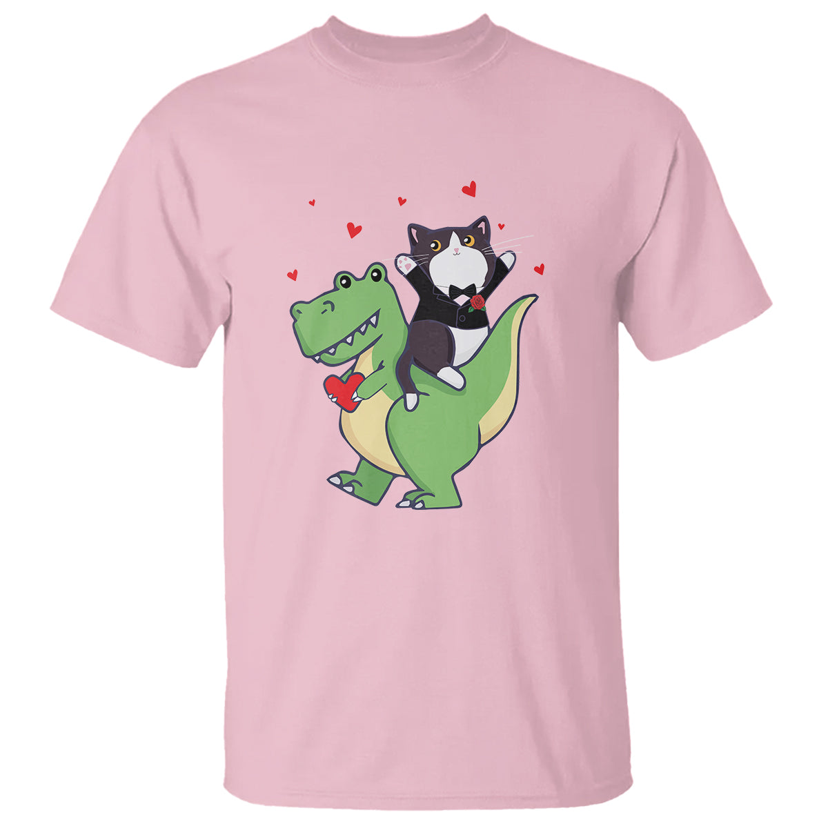 Valentine's Day T Shirt Cat Riding Dinosaur Cool Tuxedo On Suit And Take Rose - Wonder Print Shop