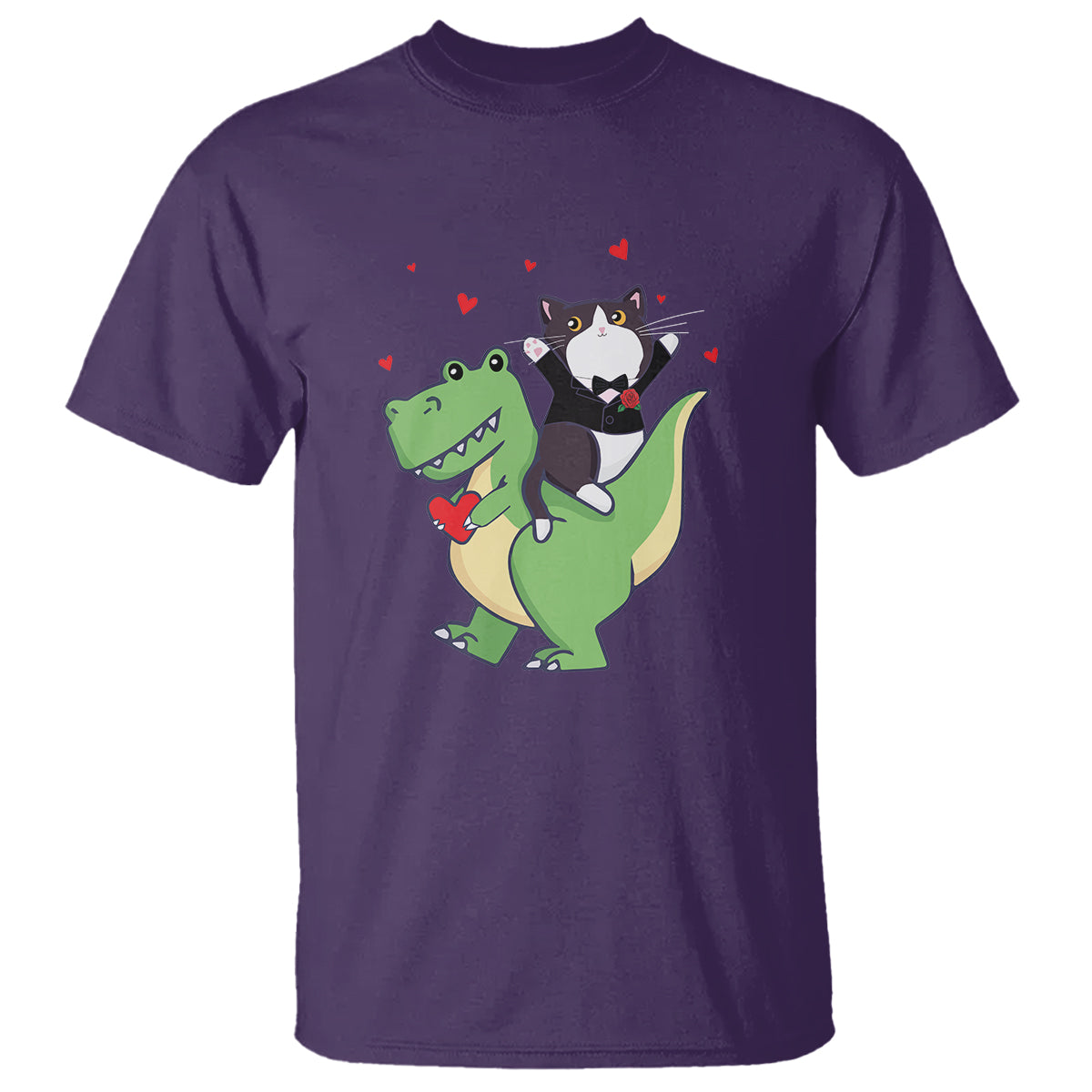 Valentine's Day T Shirt Cat Riding Dinosaur Cool Tuxedo On Suit And Take Rose - Wonder Print Shop