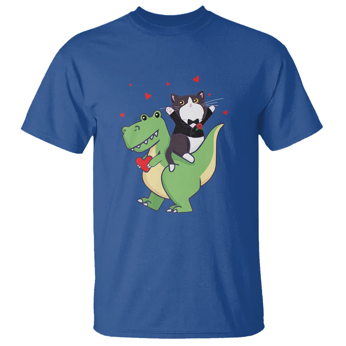 Valentine's Day T Shirt Cat Riding Dinosaur Cool Tuxedo On Suit And Take Rose - Wonder Print Shop