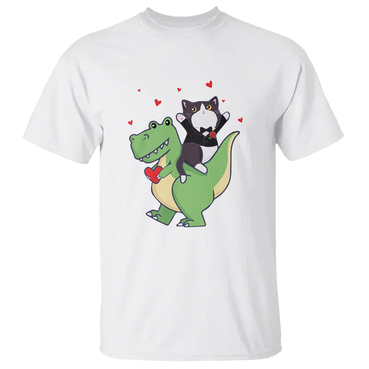Valentine's Day T Shirt Cat Riding Dinosaur Cool Tuxedo On Suit And Take Rose - Wonder Print Shop